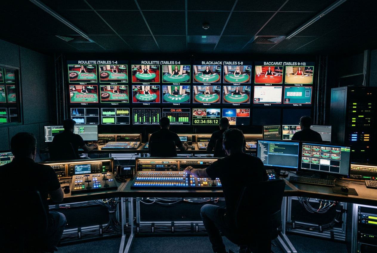 Technical control room with monitors displaying live casino streams.